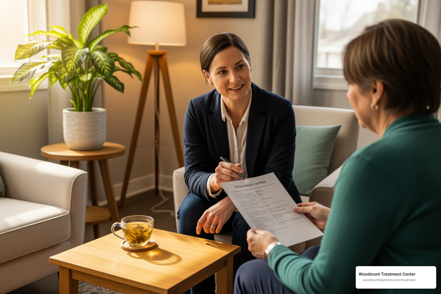 A compassionate counselor reviewing a personalized care plan with a patient in a warm, therapeutic setting