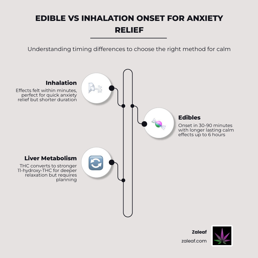 Infographic comparing edible onset time vs inhalation onset, duration, and anxiety dosing tips infographic