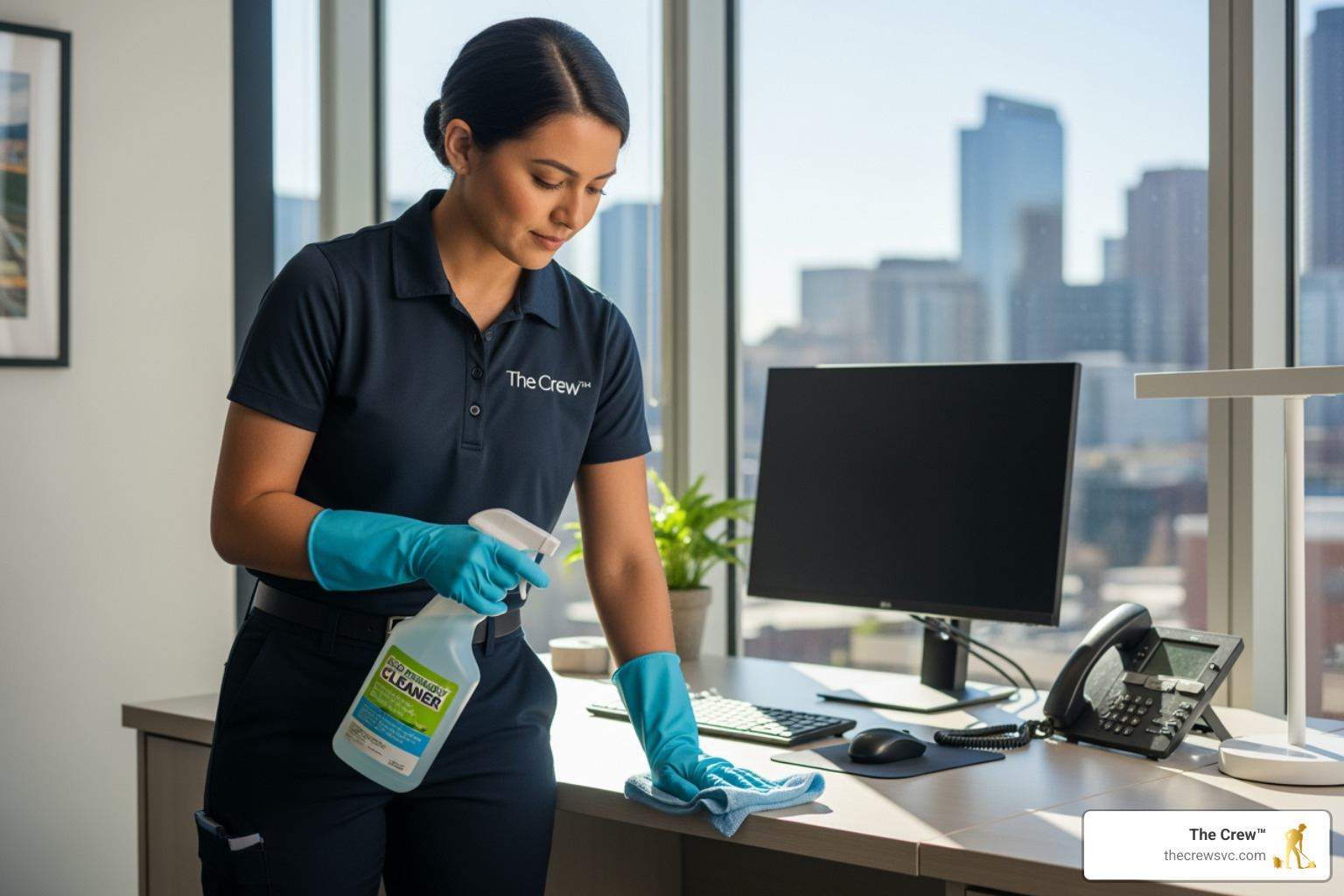 professional cleaner using eco-friendly products in a Denver office professional cleaner using eco-friendly products in a Denver office