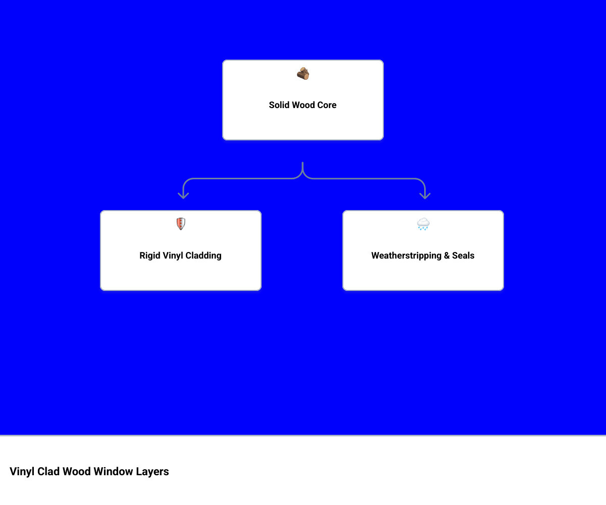 Layers of a vinyl-clad wood window frame showing wood core, vinyl exterior, and weatherstripping infographic Layers of a vinyl-clad wood window frame showing wood core, vinyl exterior, and weatherstripping infographic