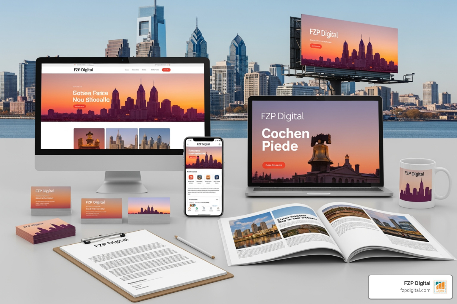 FZP Digital logo and cohesive brand identity across digital and print media featuring the Philadelphia skyline FZP Digital logo and cohesive brand identity across digital and print media featuring the Philadelphia skyline