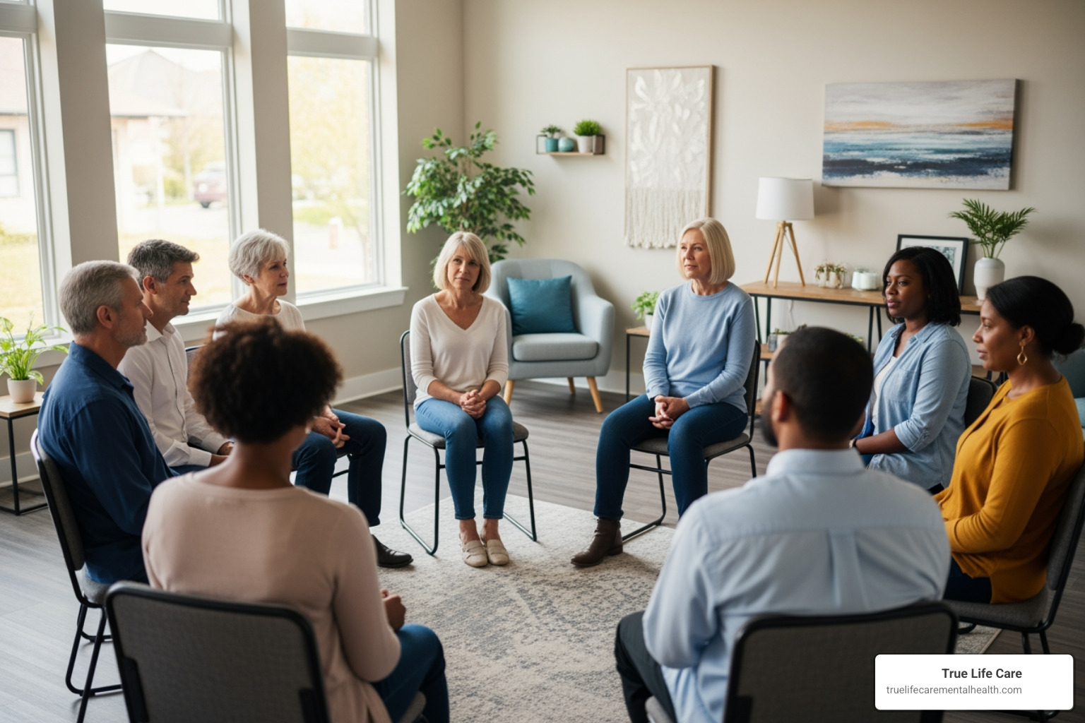 A supportive group therapy session depicting themes of healing and mental wellness A supportive group therapy session depicting themes of healing and mental wellness