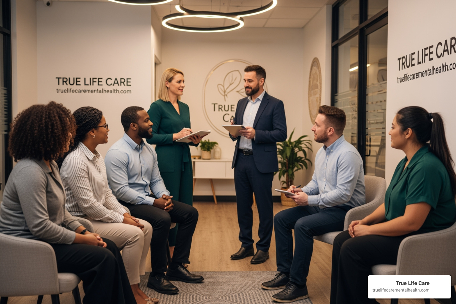 Group therapy session at True Life Care focusing on healing and community support Group therapy session at True Life Care focusing on healing and community support
