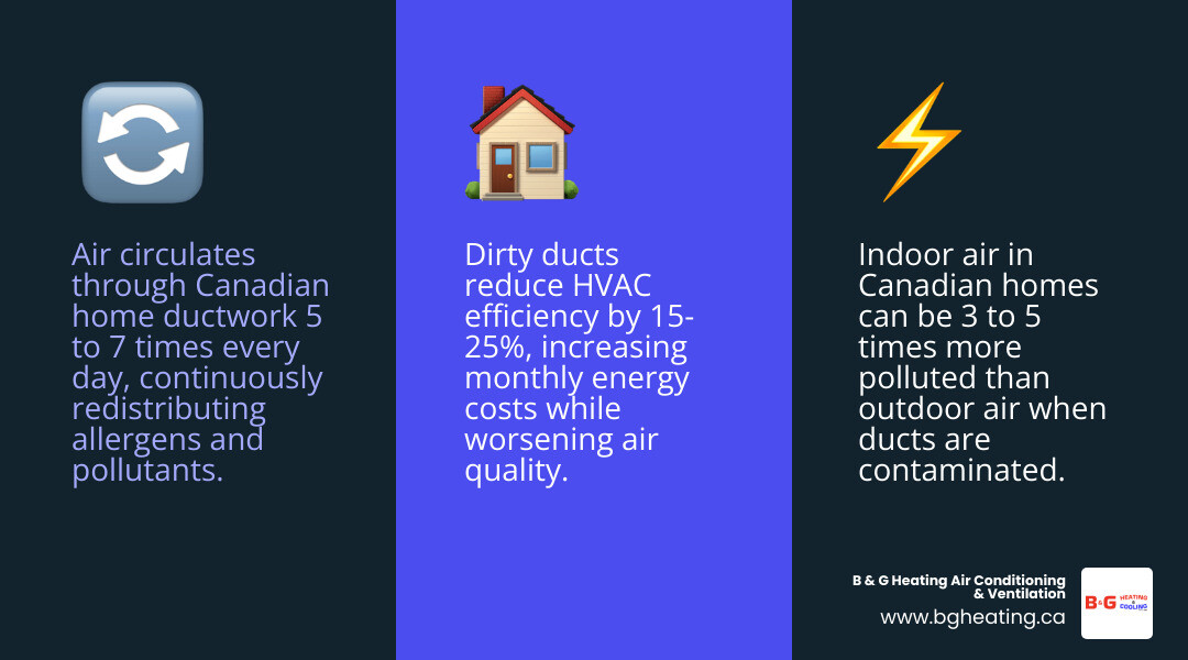 Infographic showing how air circulates 5-7 times daily through home ductwork and the contaminants dirty ducts spread Infographic showing how air circulates 5-7 times daily through home ductwork and the contaminants dirty ducts spread