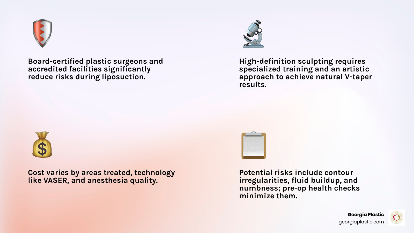 Infographic on Liposuction Safety: Choosing a board-certified surgeon, facility accreditation, and pre-op health checks
