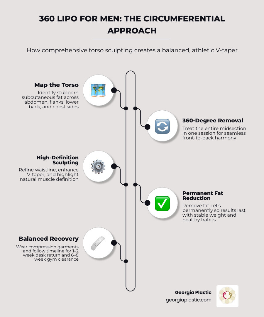 Infographic showing circumferential 360 lipo approach for men: treatment zones, goals, recovery, and results infographic