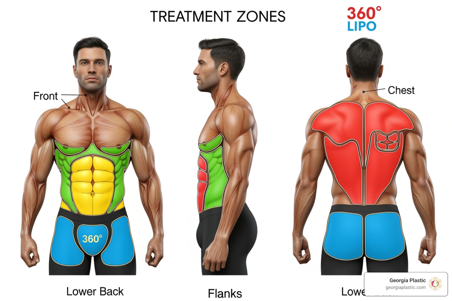 Diagram of male treatment zones for 360 lipo including abdomen, flanks, back, and chest