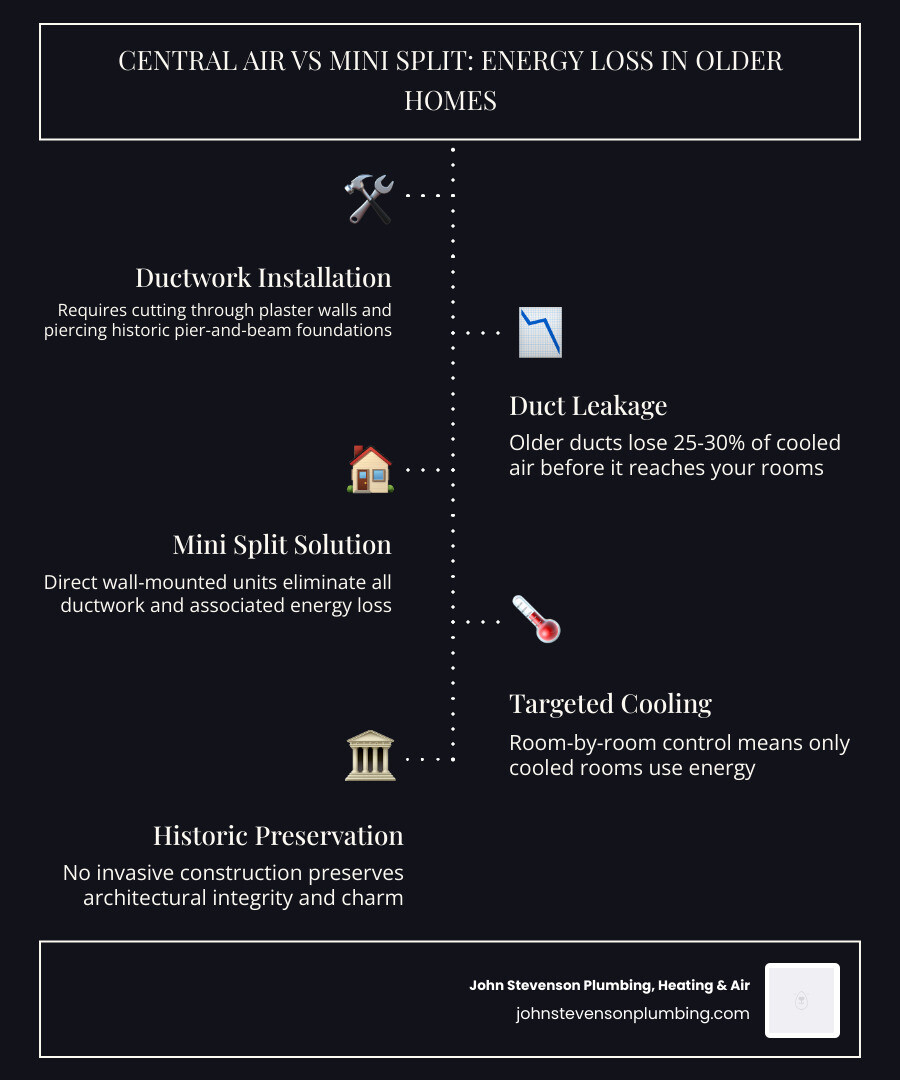 Infographic comparing duct energy loss in central air systems vs zero duct loss in ductless mini split systems infographic