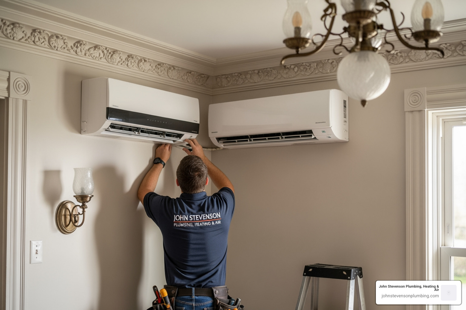 A technician carefully mounting a sleek ductless indoor unit on a vintage plaster wall, preserving the home's historic
