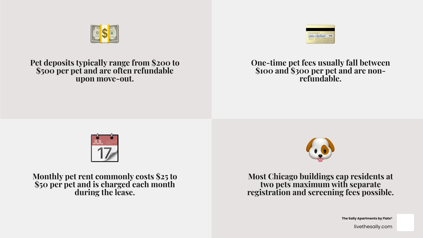Chicago pet fee ranges: deposit, one-time fee, monthly pet rent infographic