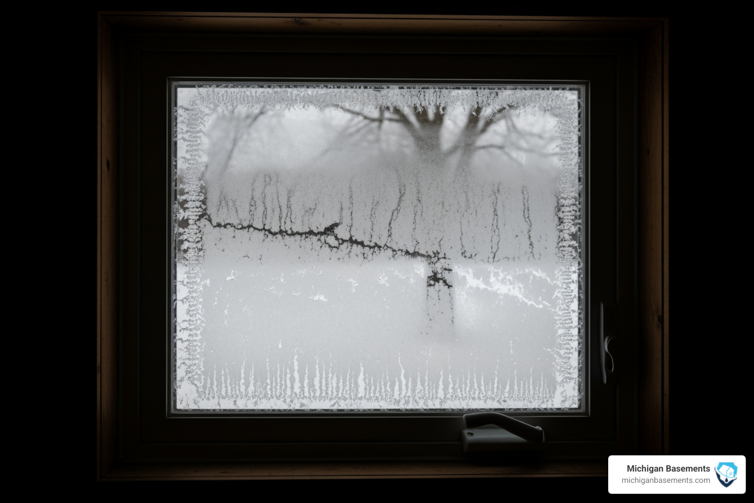 frost on basement window during cold weather