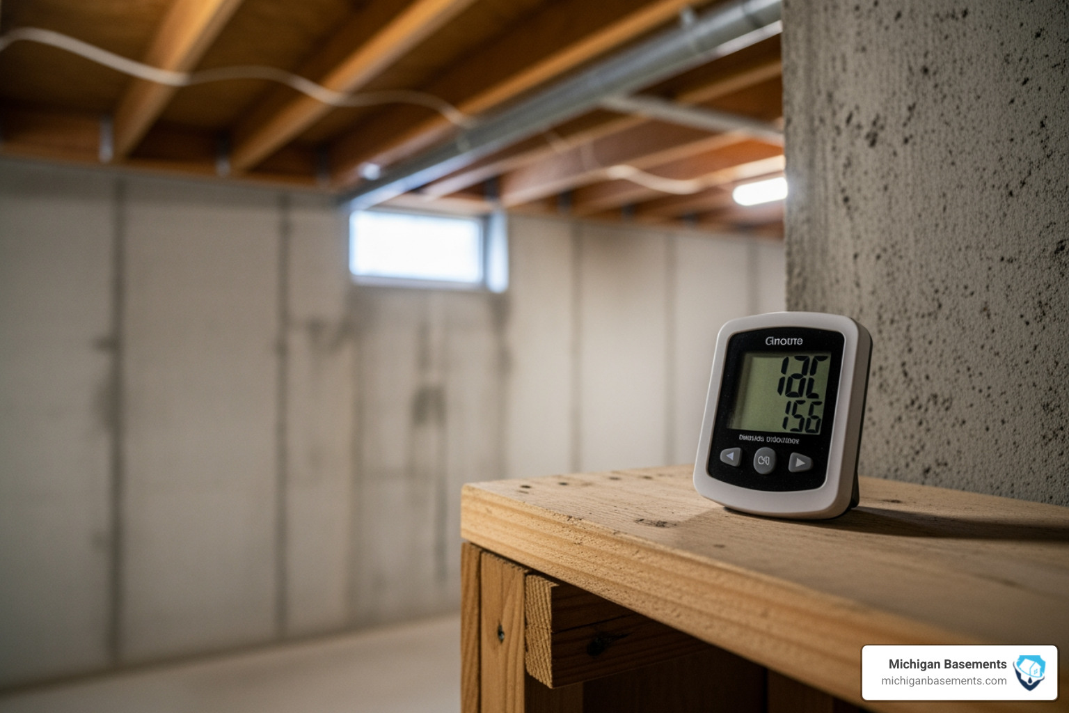 digital hygrometer on shelf in unfinished basement