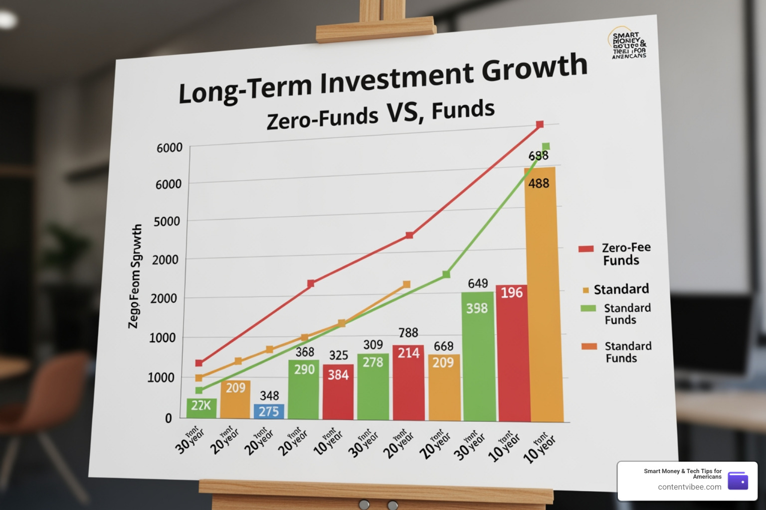 Growth chart comparing zero-fee funds vs standard funds over time