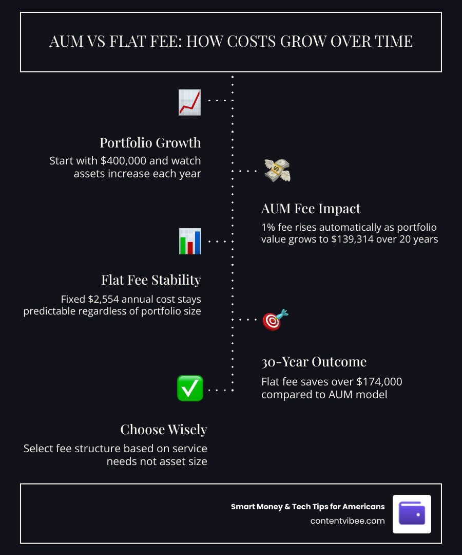 1 percent AUM vs flat fee cost comparison over time infographic 1 percent AUM vs flat fee cost comparison over time infographic