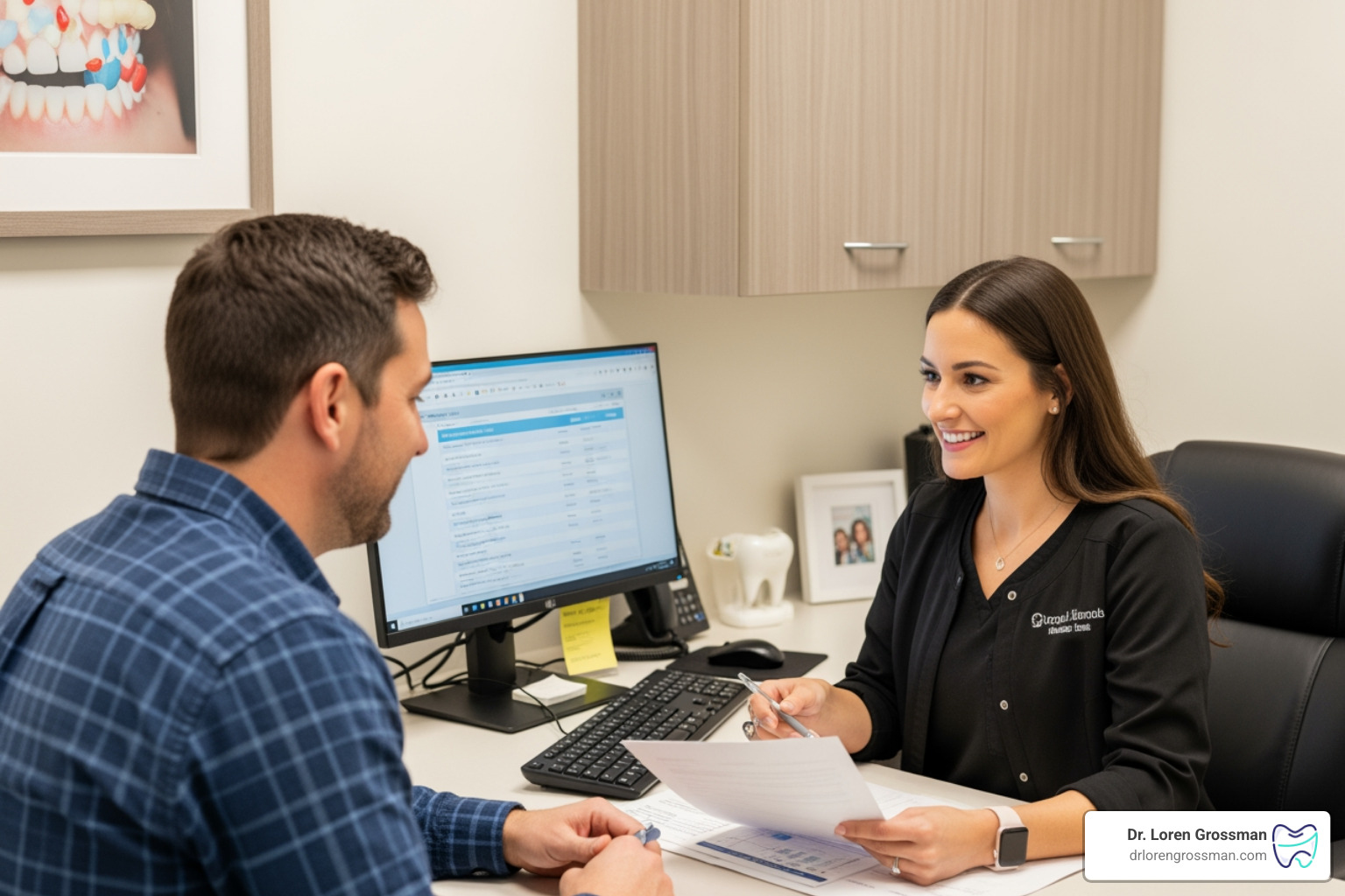 A dental office administrator in Kingston, PA, helping a patient with a payment plan