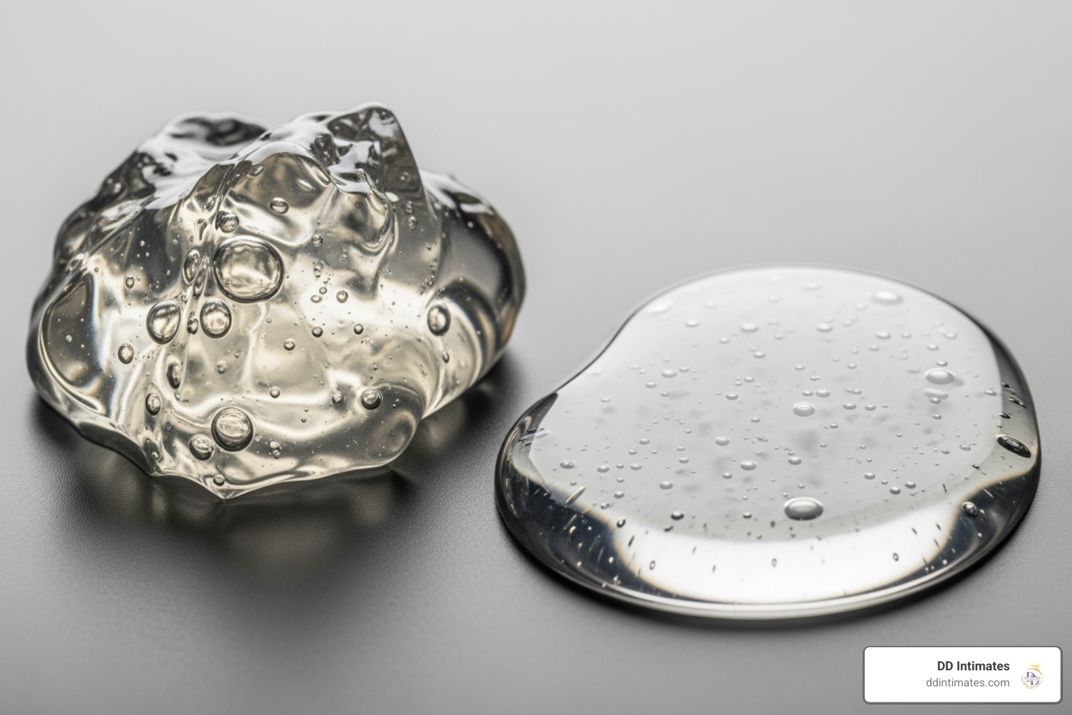 Close-up of the different textures of water-based gel versus silicone liquid lubricant