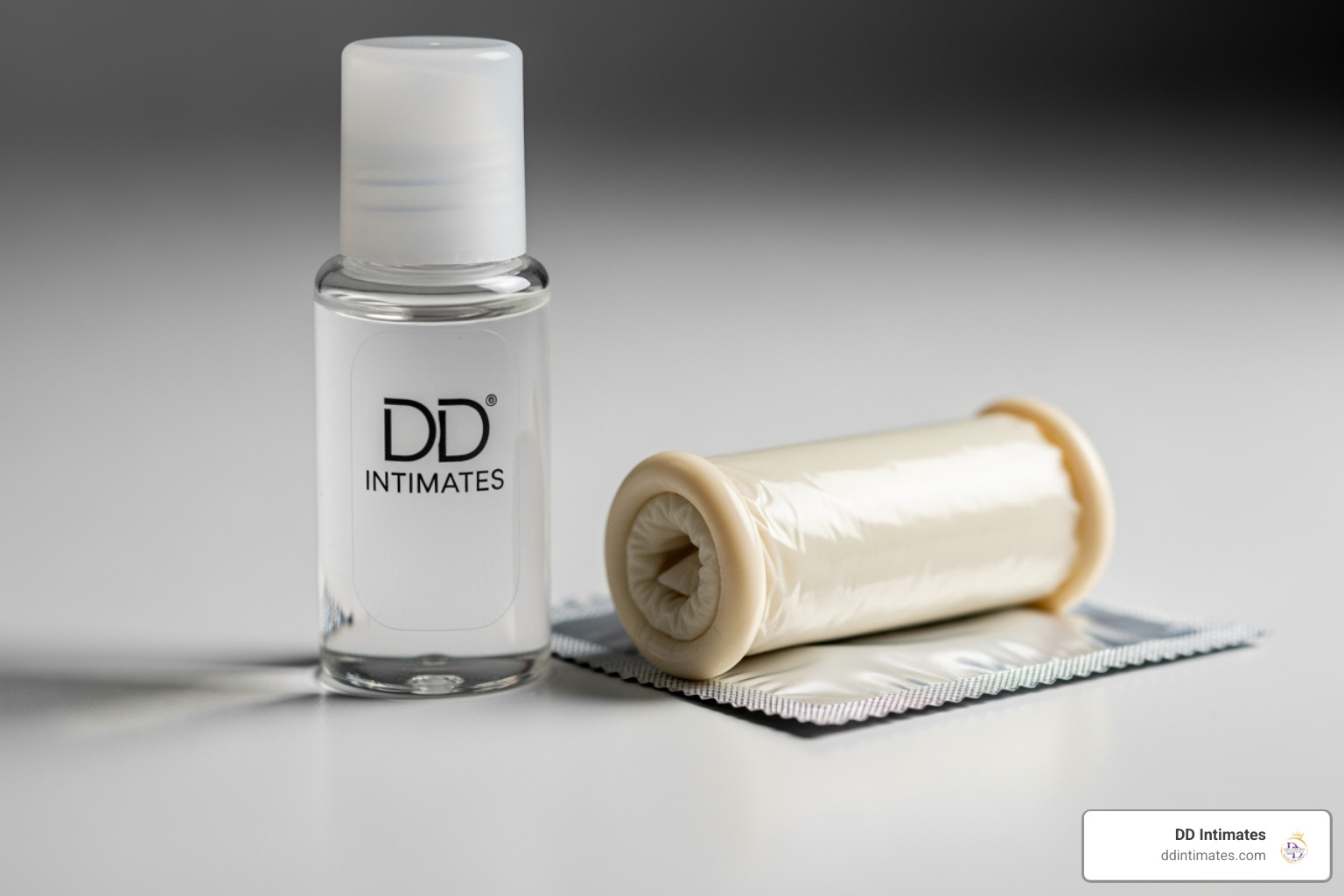 A bottle of lubricant sitting next to a latex condom to illustrate material safety