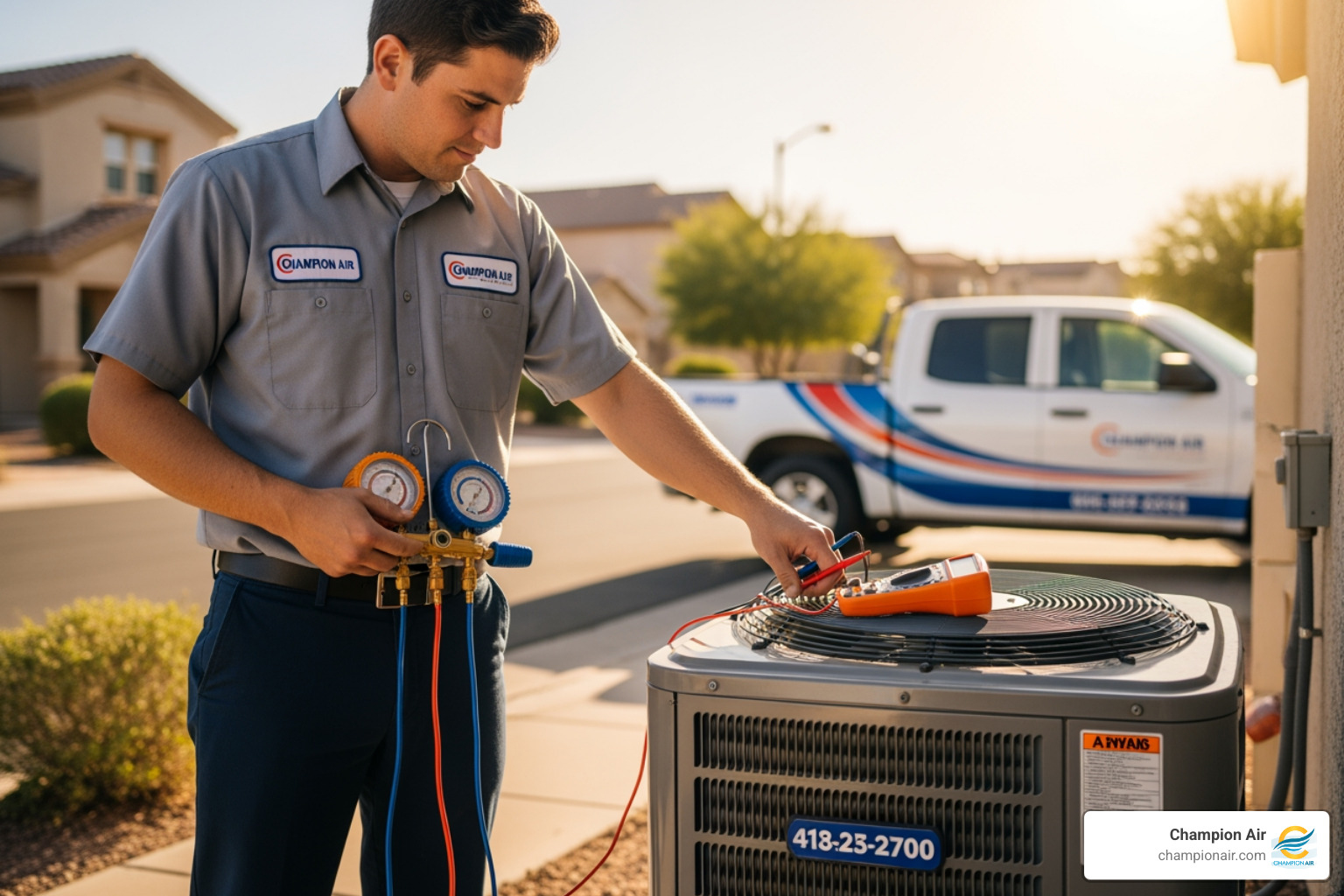Technician using specialized tools to measure refrigerant levels and electrical output of a heat pump
