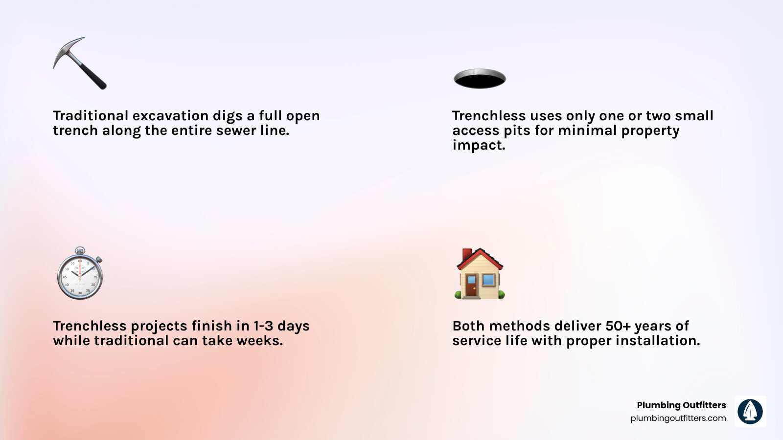 Trenchless vs traditional pipe replacement comparison infographic showing key differences in timeline, disruption, cost, and Trenchless vs traditional pipe replacement comparison infographic showing key differences in timeline, disruption, cost, and