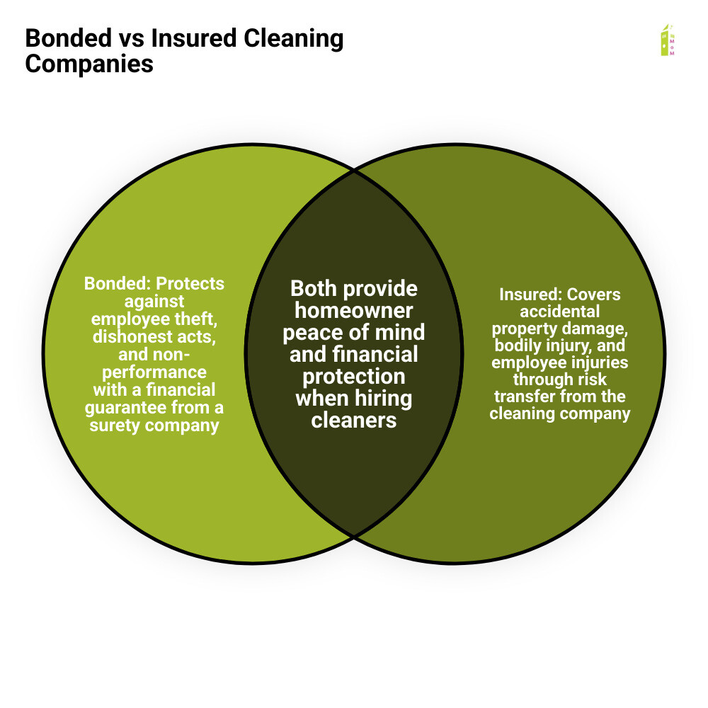 Bonded vs insured cleaning company comparison infographic showing bonding covers theft and non-performance while insurance Bonded vs insured cleaning company comparison infographic showing bonding covers theft and non-performance while insurance