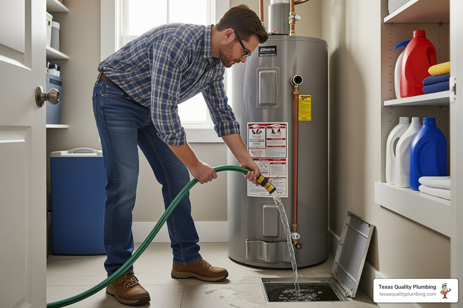 homeowner safely flushing a tank water heater using a garden hose and floor drain homeowner safely flushing a tank water heater using a garden hose and floor drain