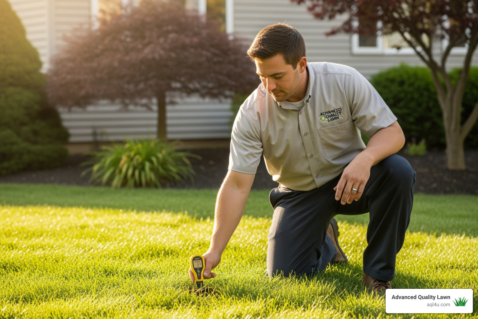 Lawn professional checking soil temperature with a thermometer