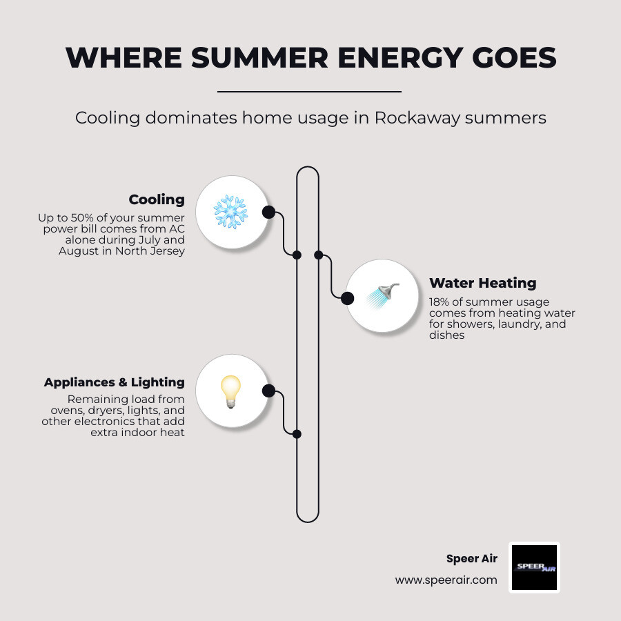 Infographic showing where summer home energy use goes: cooling 50%, water heating 18%, appliances and lighting, and other Infographic showing where summer home energy use goes: cooling 50%, water heating 18%, appliances and lighting, and other