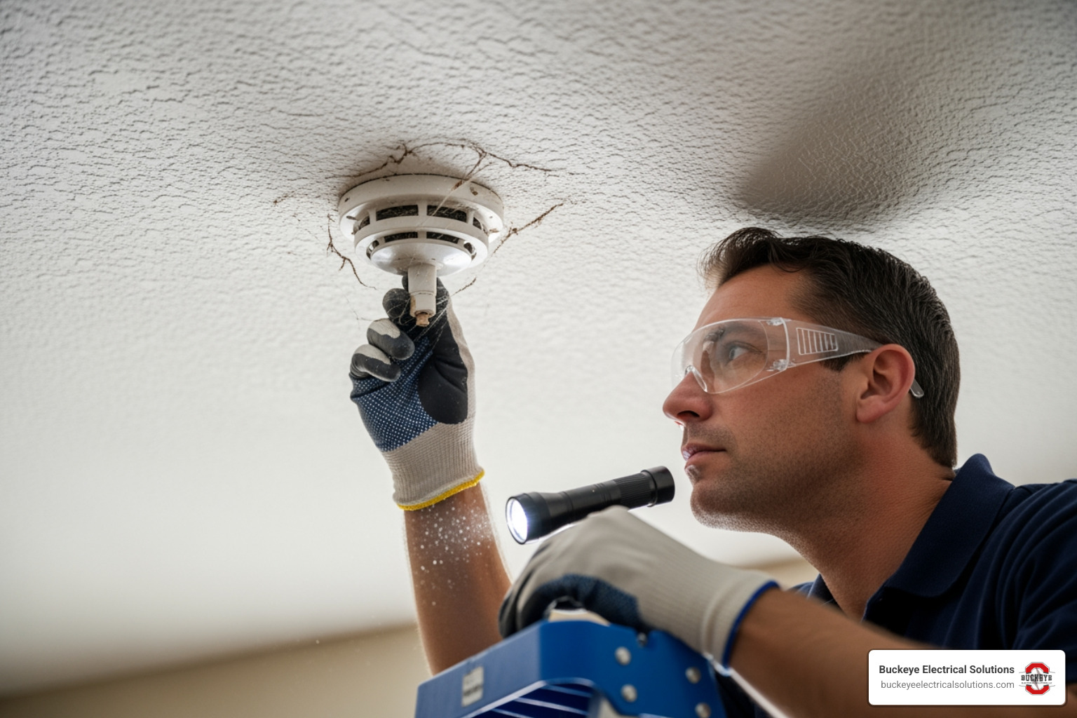 dusty smoke detector technician inspecting alarm