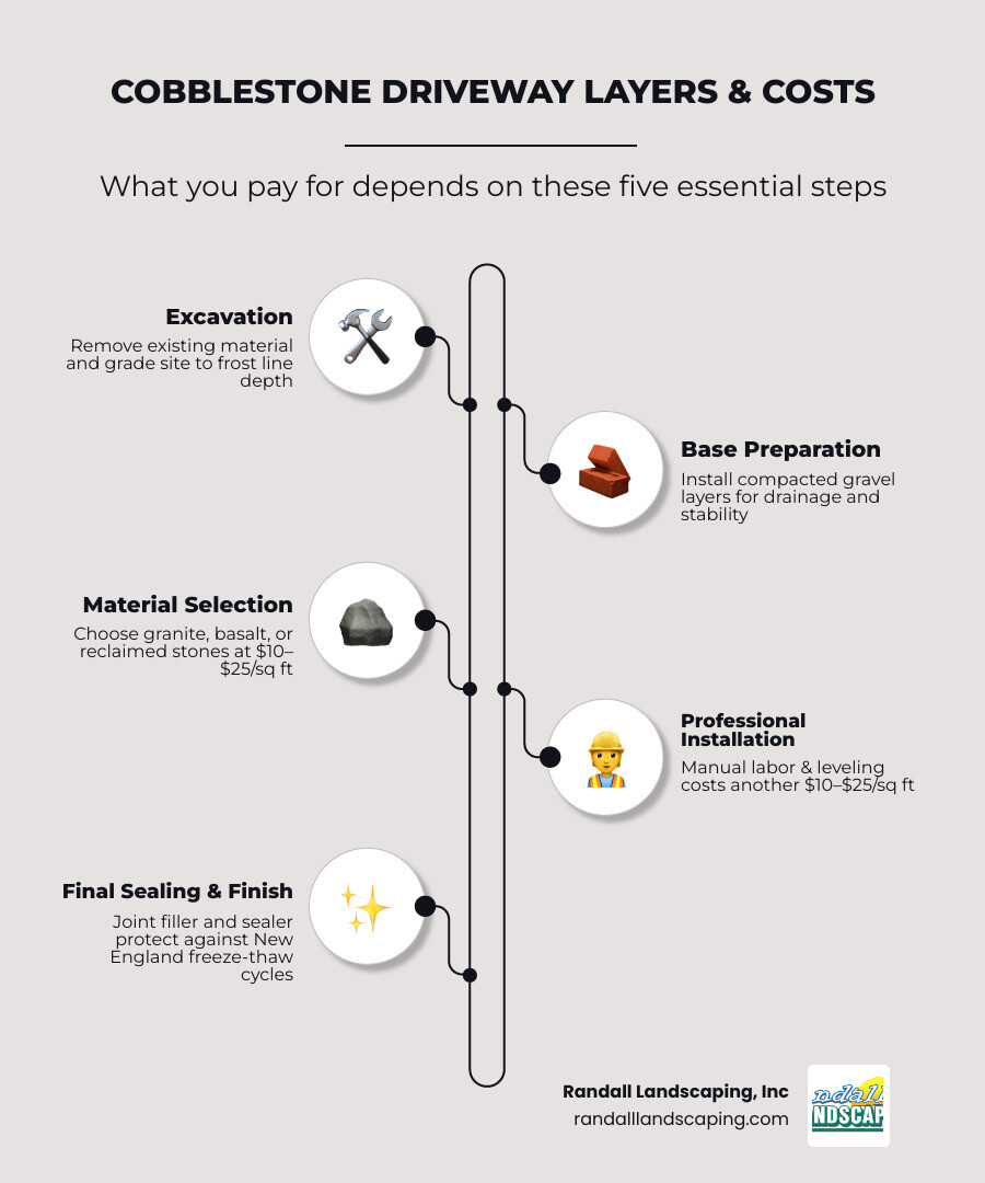 Cobblestone driveway cost breakdown infographic showing layers, cost ranges, and key price factors infographic