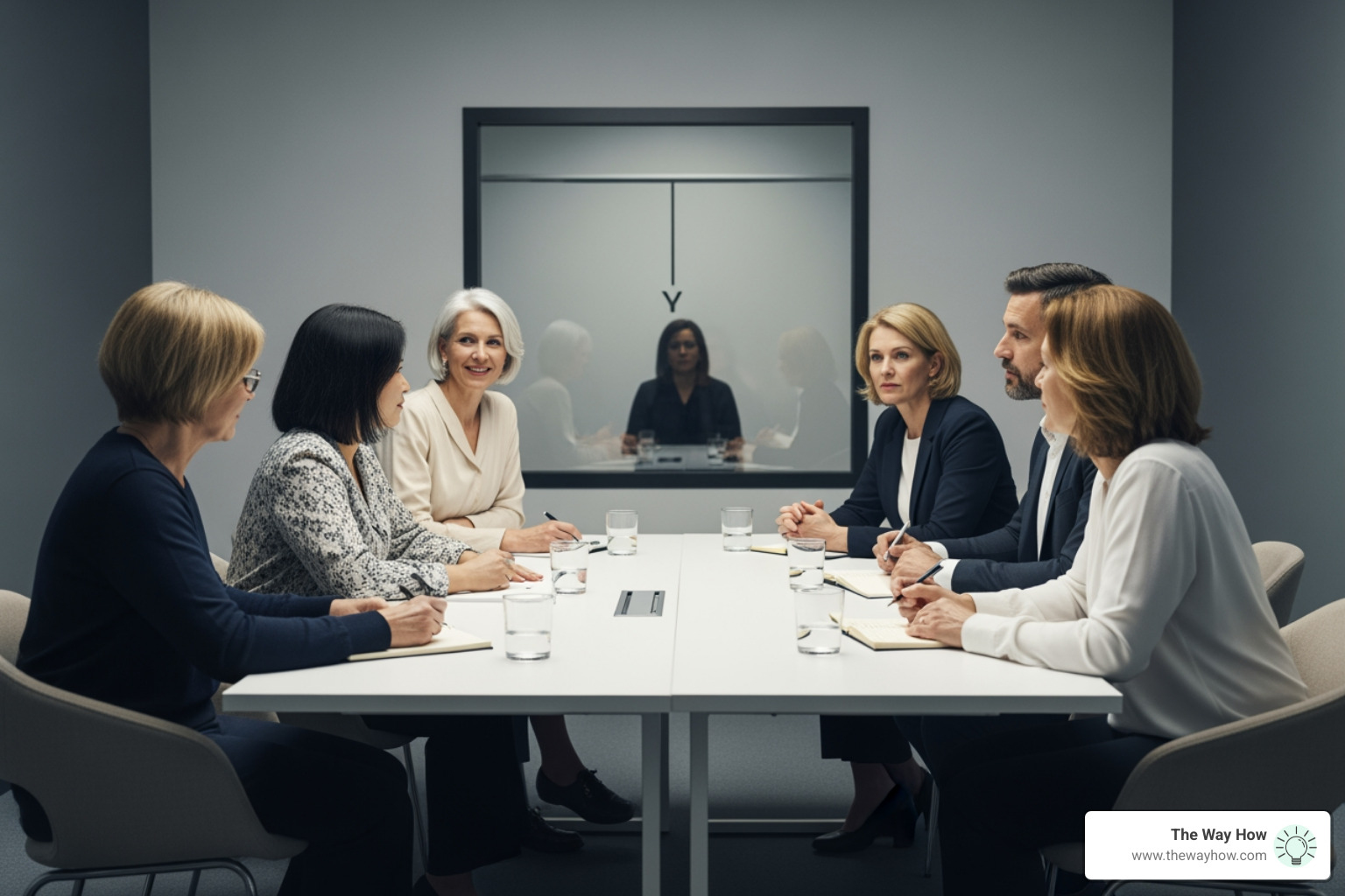 a professional focus group setting with participants and an observer behind glass
