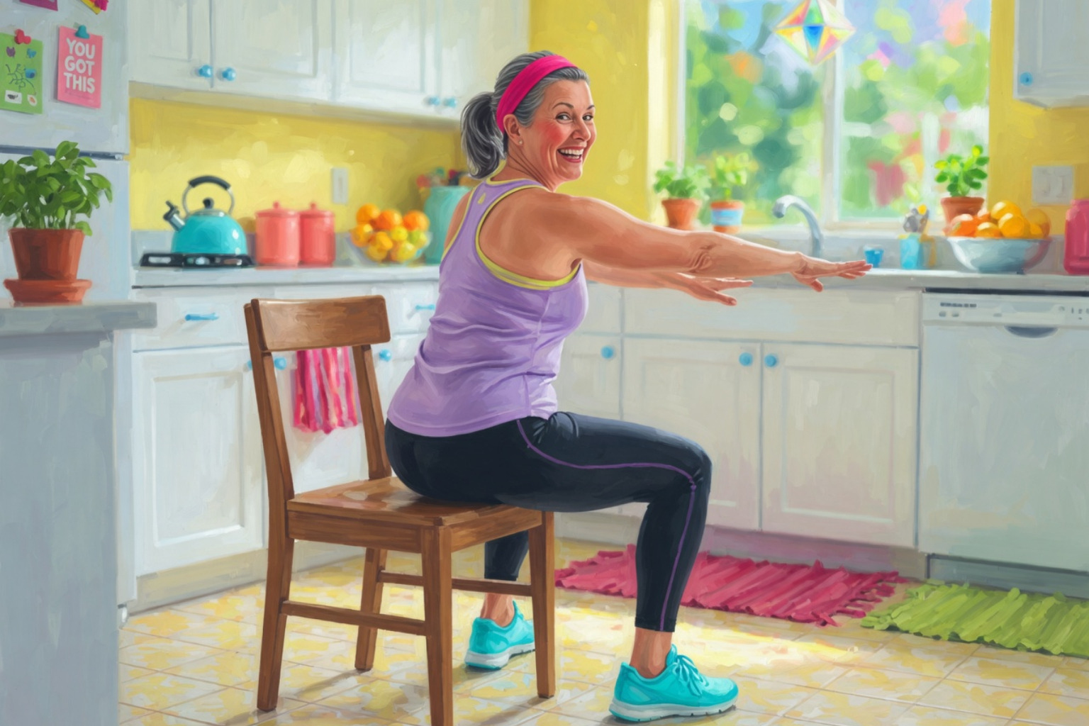 A woman in her 60s with grey hair performing a sit-to-stand exercise using a sturdy wooden chair in a bright, modern kitchen.