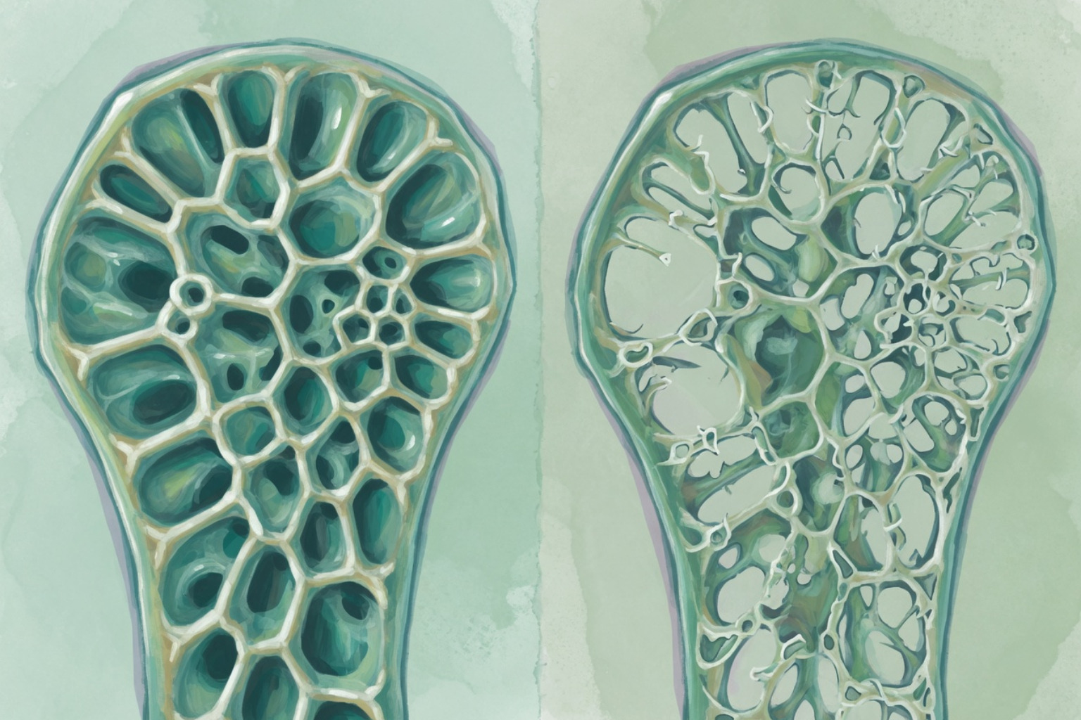Cross-section of trabecular bone: healthy bone (left) versus bone affected by osteoporosis (right). Notice how the honeycomb structure thins and develops larger gaps as bone density decreases.