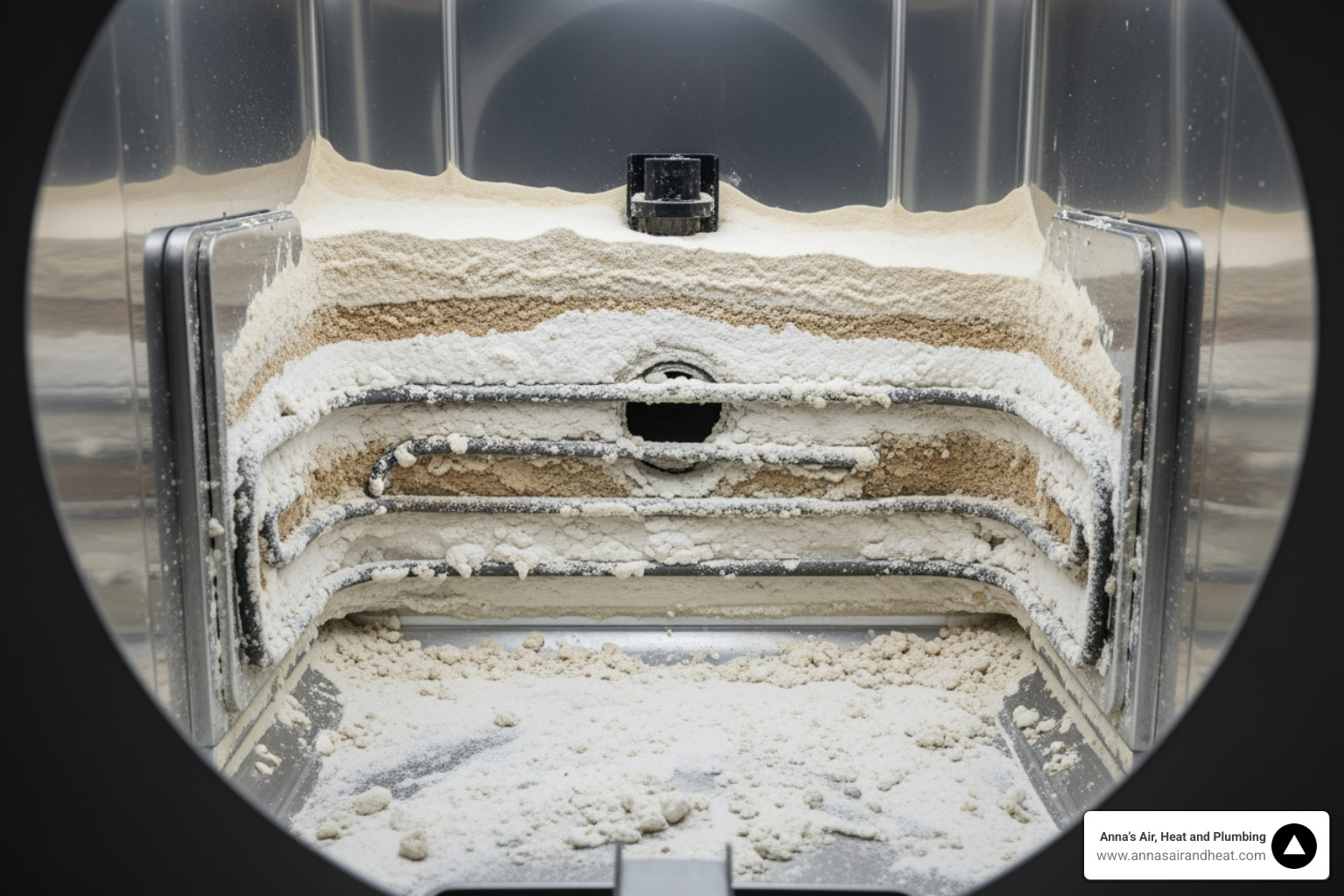 Sediment buildup inside a water heater tank showing thick mineral crust