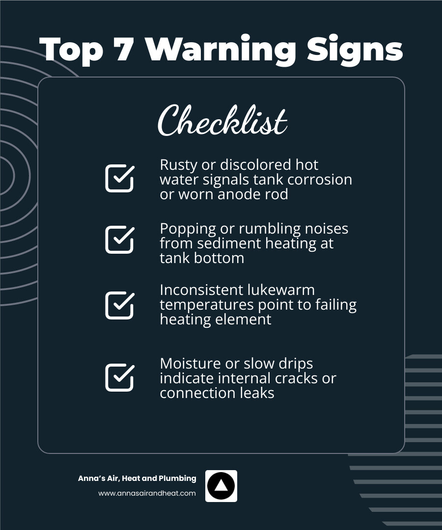 Infographic showing top 7 warning signs of water heater failure in a Florida home with icons infographic