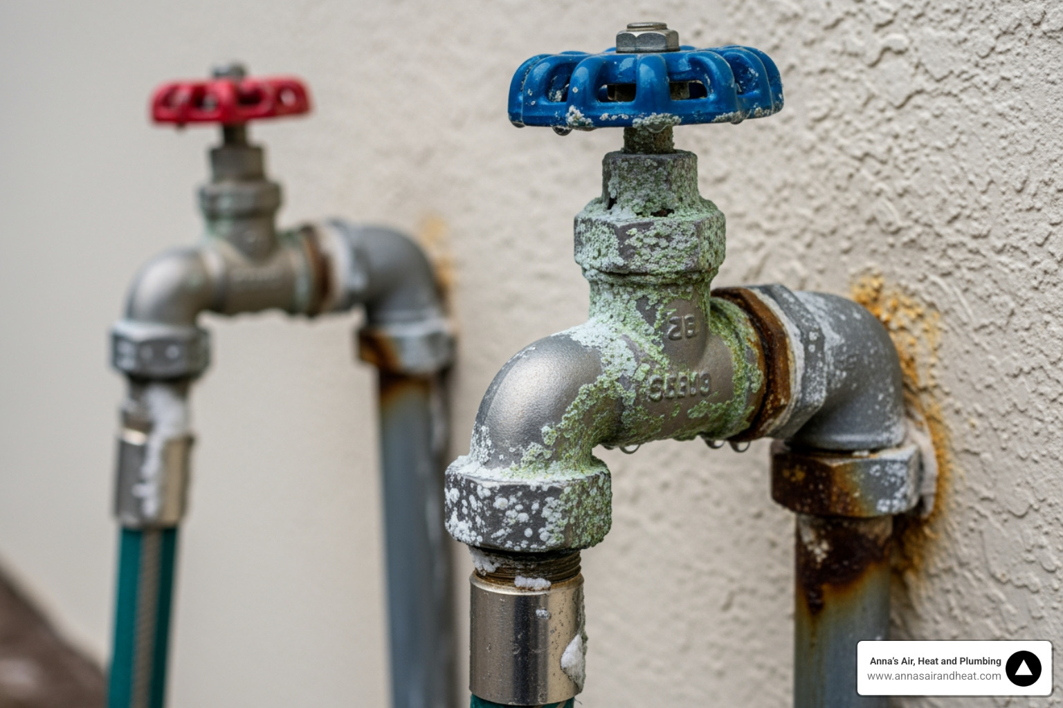Salt spray and moisture accumulating on exterior metal plumbing fixtures in a coastal yard