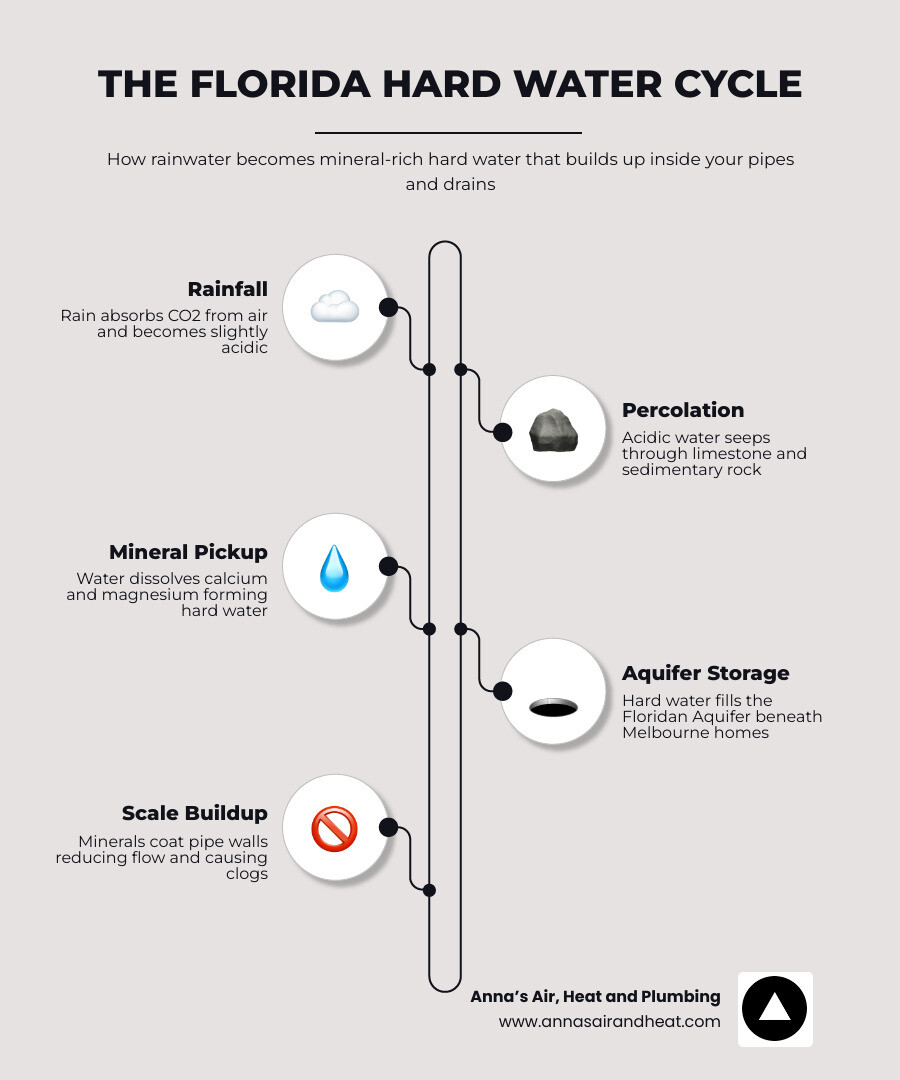 Infographic showing the Florida hard water cycle: rain absorbs CO2, percolates through limestone, picks up calcium and