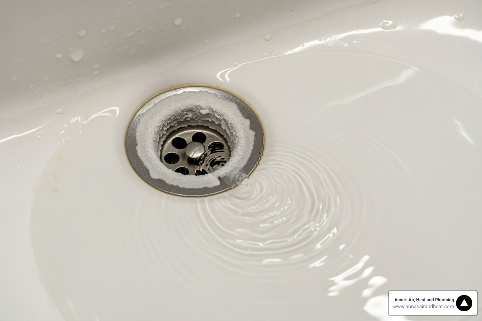 A slow-draining bathroom sink with visible white mineral residue around the drain flange