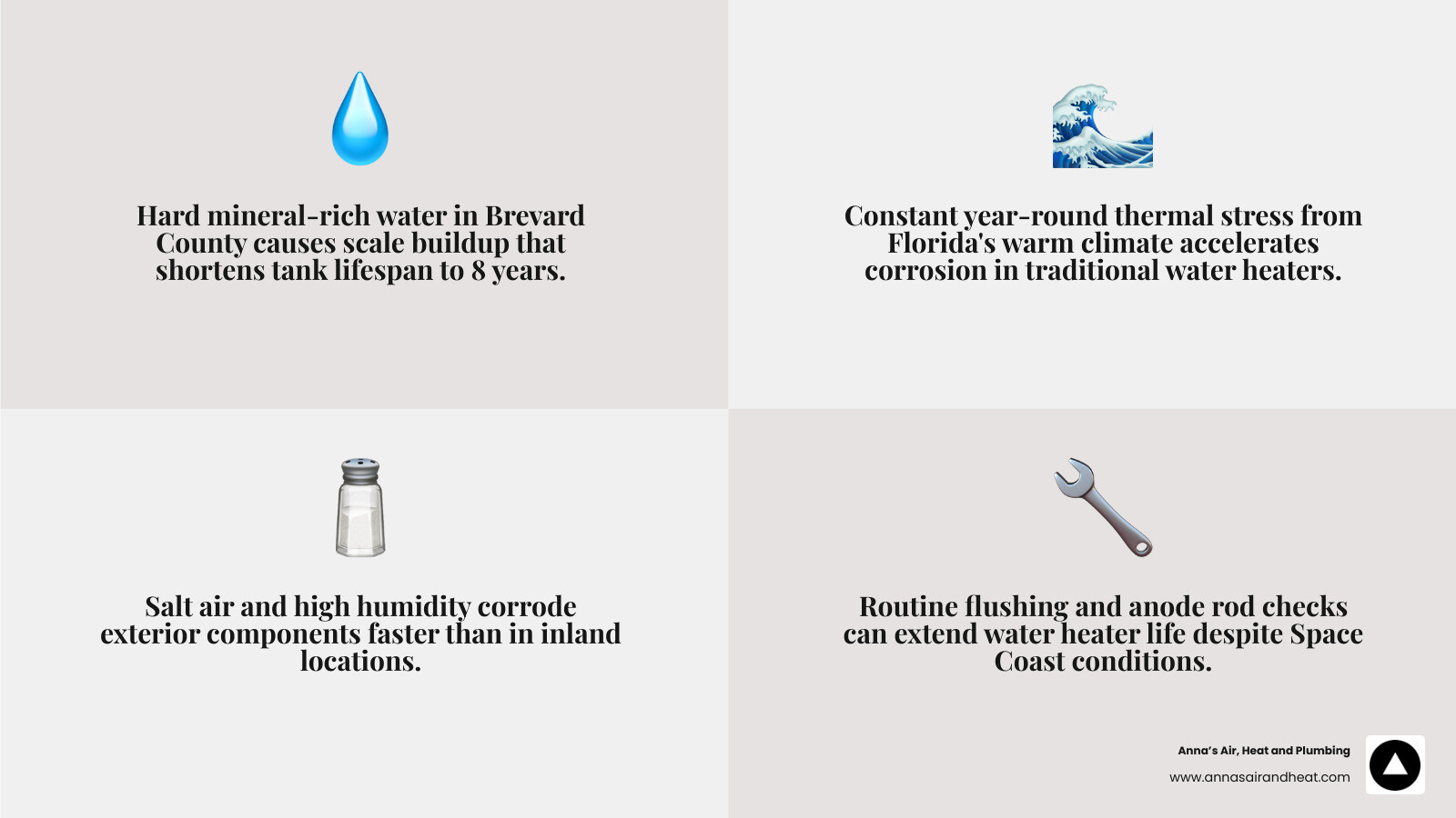 Infographic showing factors that shorten water heater life on Florida's Space Coast including hard water, salt air Infographic showing factors that shorten water heater life on Florida's Space Coast including hard water, salt air