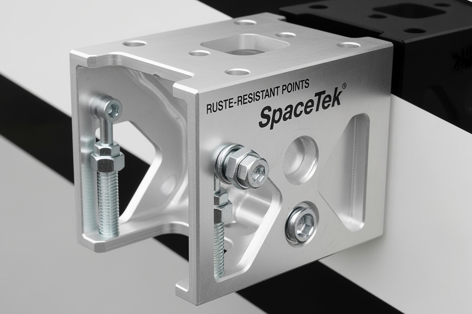 Close-up of a SpaceTek mount showing rust-resistant aluminium construction and secure bolt points