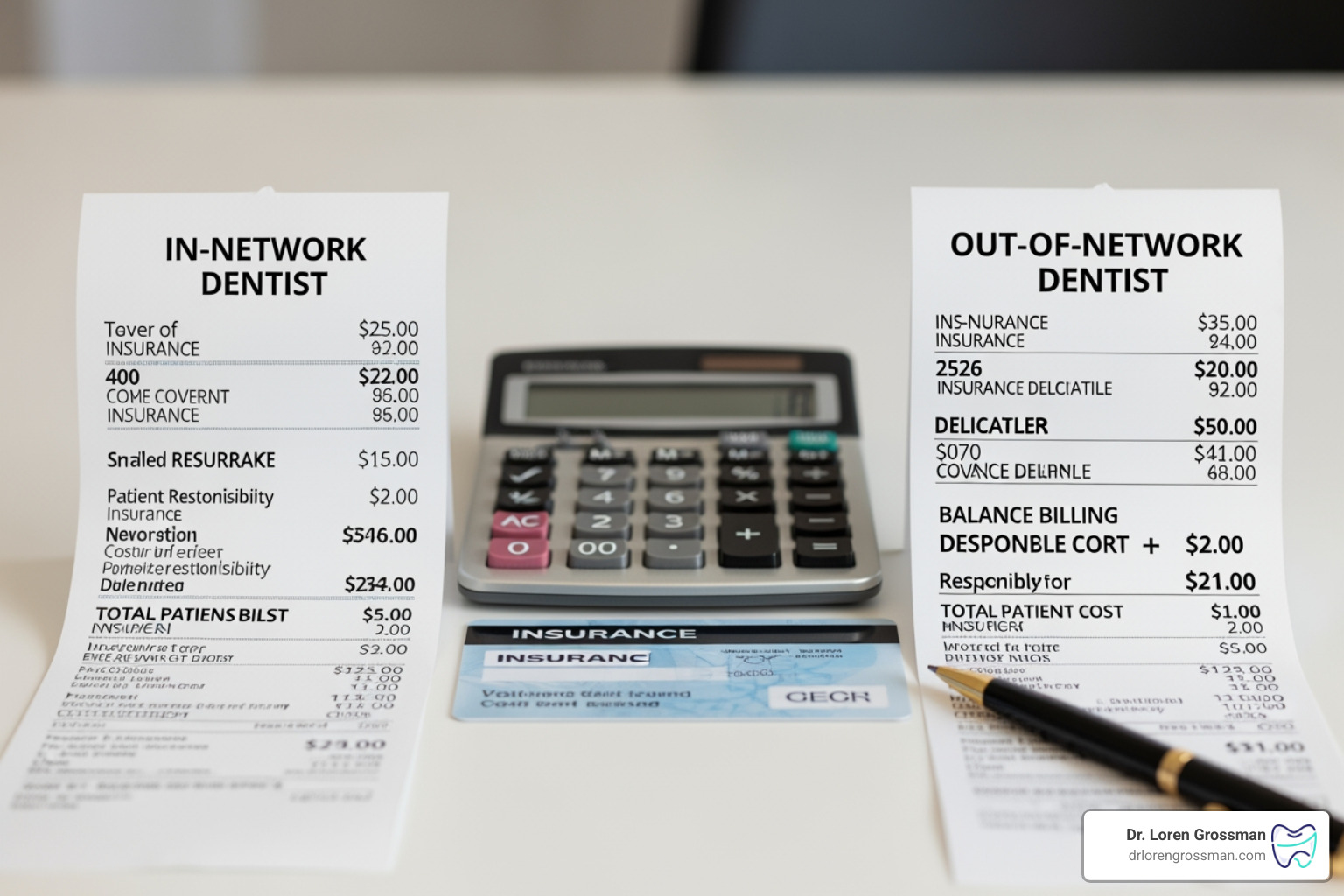 Comparison of a dental bill: In-network vs Out-of-network showing balance billing