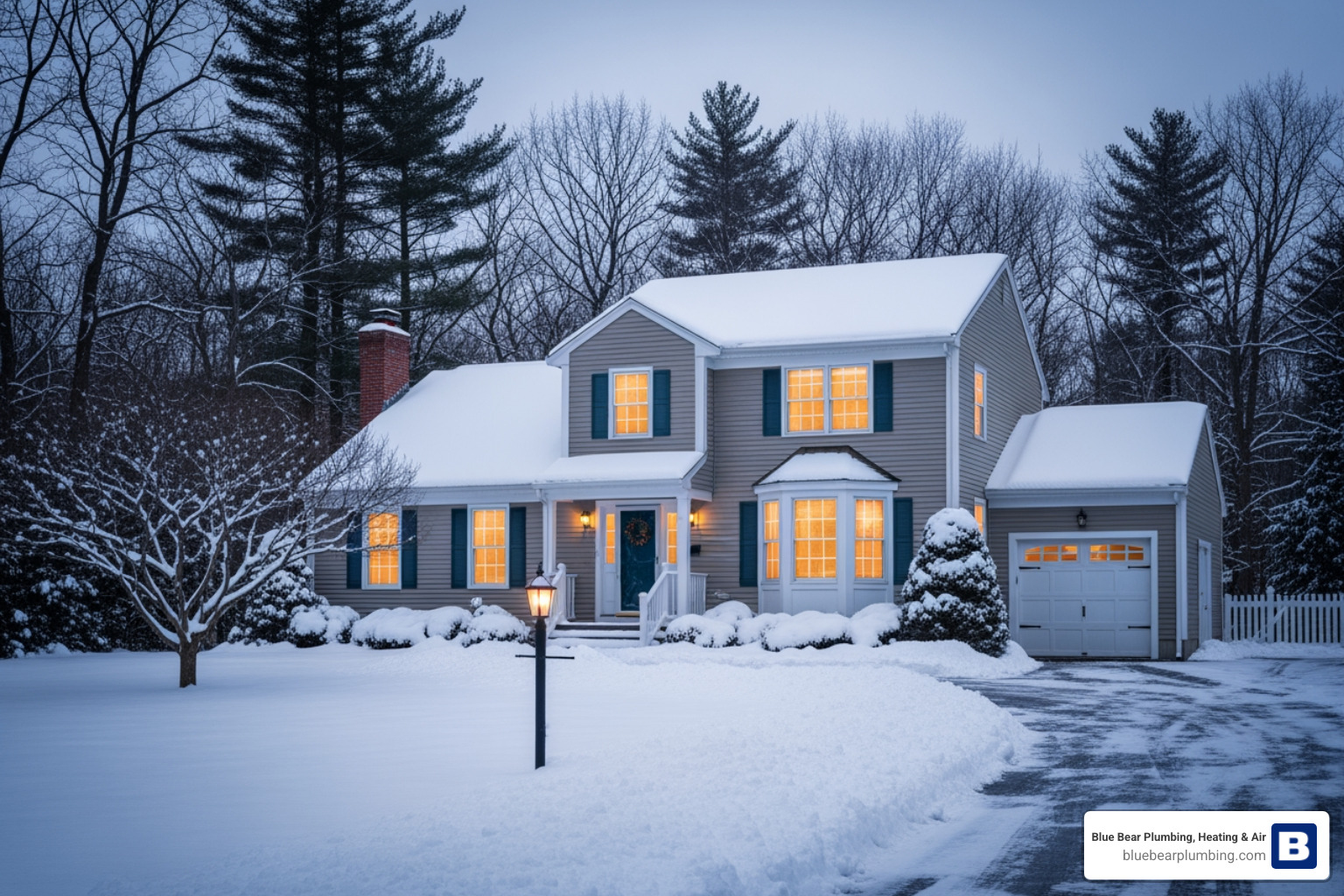 Snow-covered Massachusetts home with a reliable heating system keeping the family warm inside Snow-covered Massachusetts home with a reliable heating system keeping the family warm inside