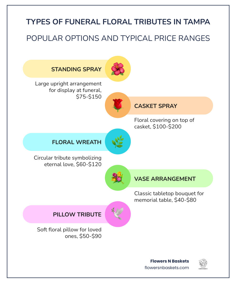 Infographic showing types of funeral floral tributes, placement, and typical price ranges in Tampa Bay - affordable funeral