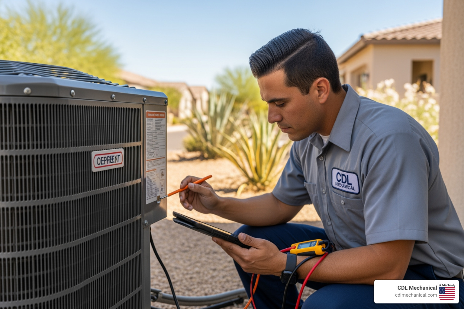Professional HVAC technician in Glendale performing a multi-point inspection on a residential AC unit Professional HVAC technician in Glendale performing a multi-point inspection on a residential AC unit