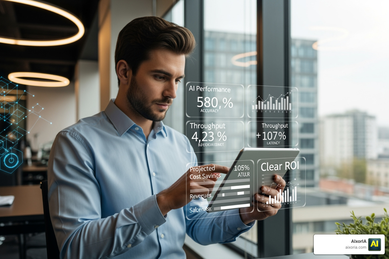 Entrepreneur reviewing AI performance metrics on a tablet to determine ROI Entrepreneur reviewing AI performance metrics on a tablet to determine ROI