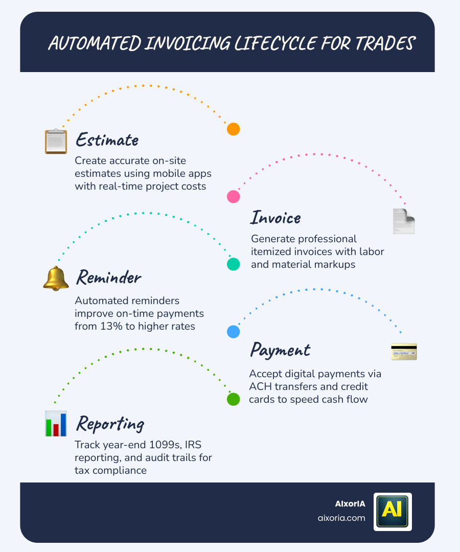 Automated invoicing lifecycle for trades: estimate, invoice, reminder, payment, reporting infographic