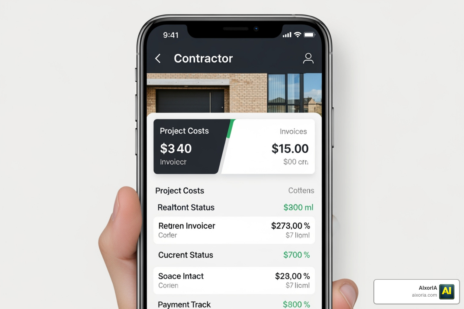 Mobile dashboard showing real-time project costs and invoice status