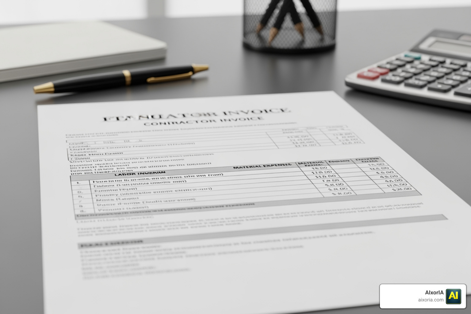 A professional itemized contractor invoice showing labor, materials, and payment terms