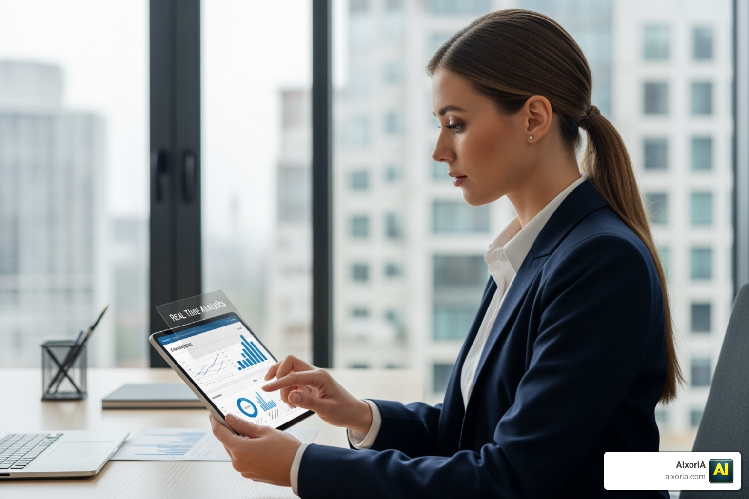 Finance professional reviewing real-time analytics on a tablet