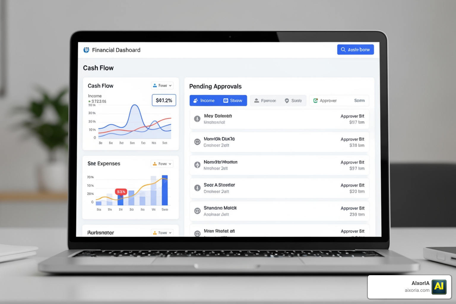 Real-time financial dashboard showing cash flow trends and pending approvals Real-time financial dashboard showing cash flow trends and pending approvals