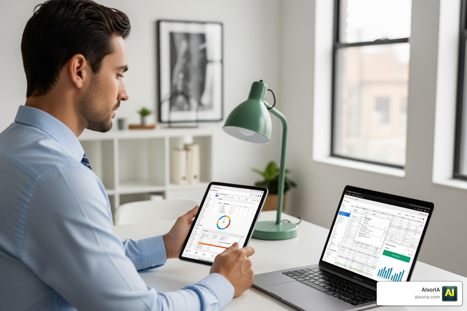 A business owner using an iPad and Mac to track expenses